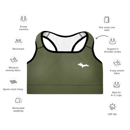 Michigan Upper Peninsula Padded Sports Bra (w/ UP Outline) | Army Green