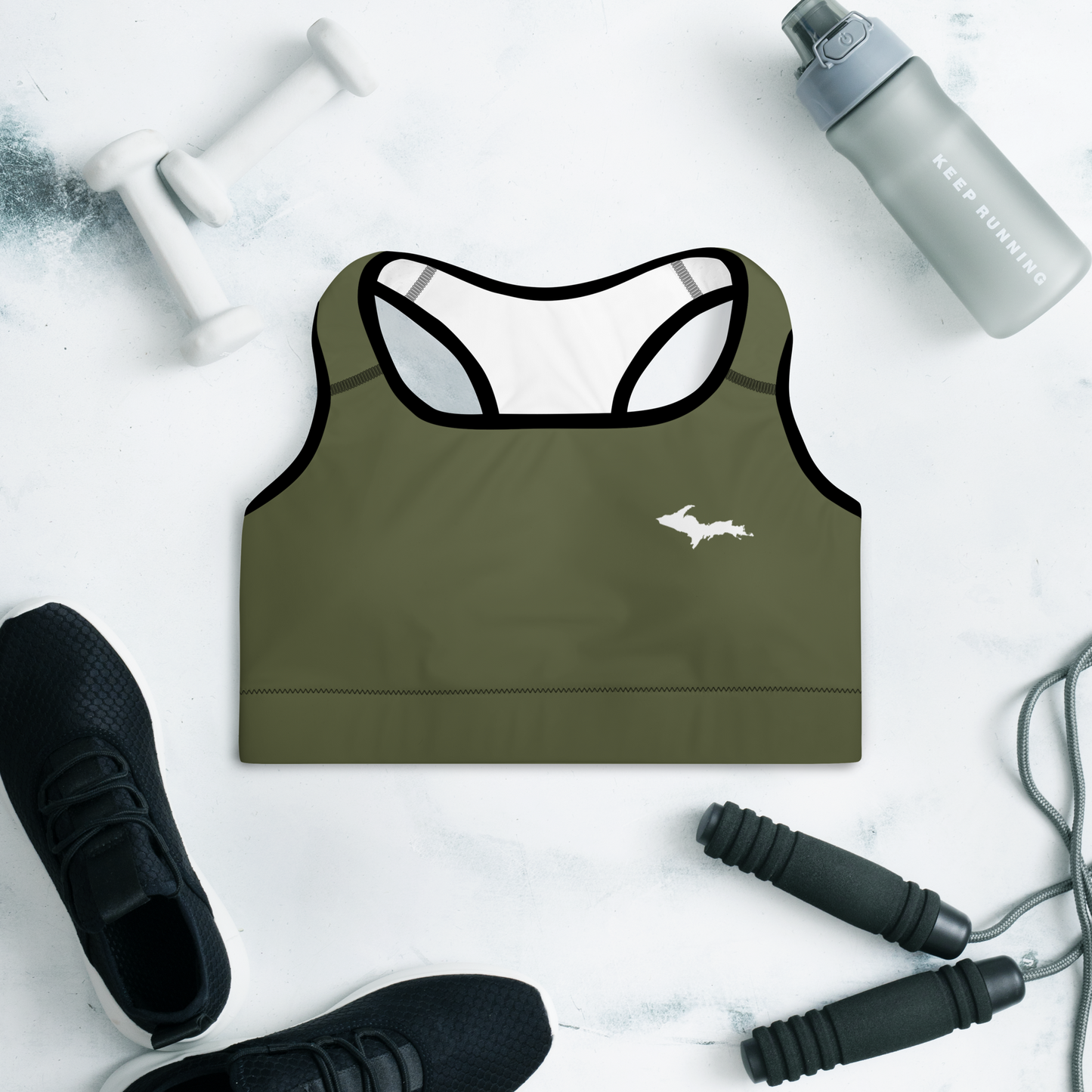 Michigan Upper Peninsula Padded Sports Bra (w/ UP Outline) | Army Green