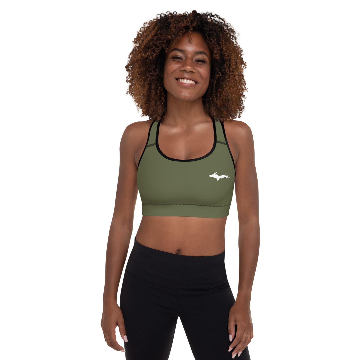 Michigan Upper Peninsula Padded Sports Bra (w/ UP Outline) | Army Green