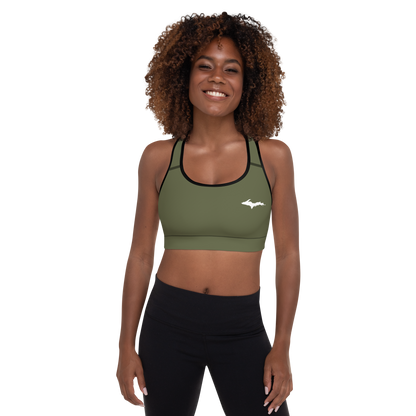 Michigan Upper Peninsula Padded Sports Bra (w/ UP Outline) | Army Green