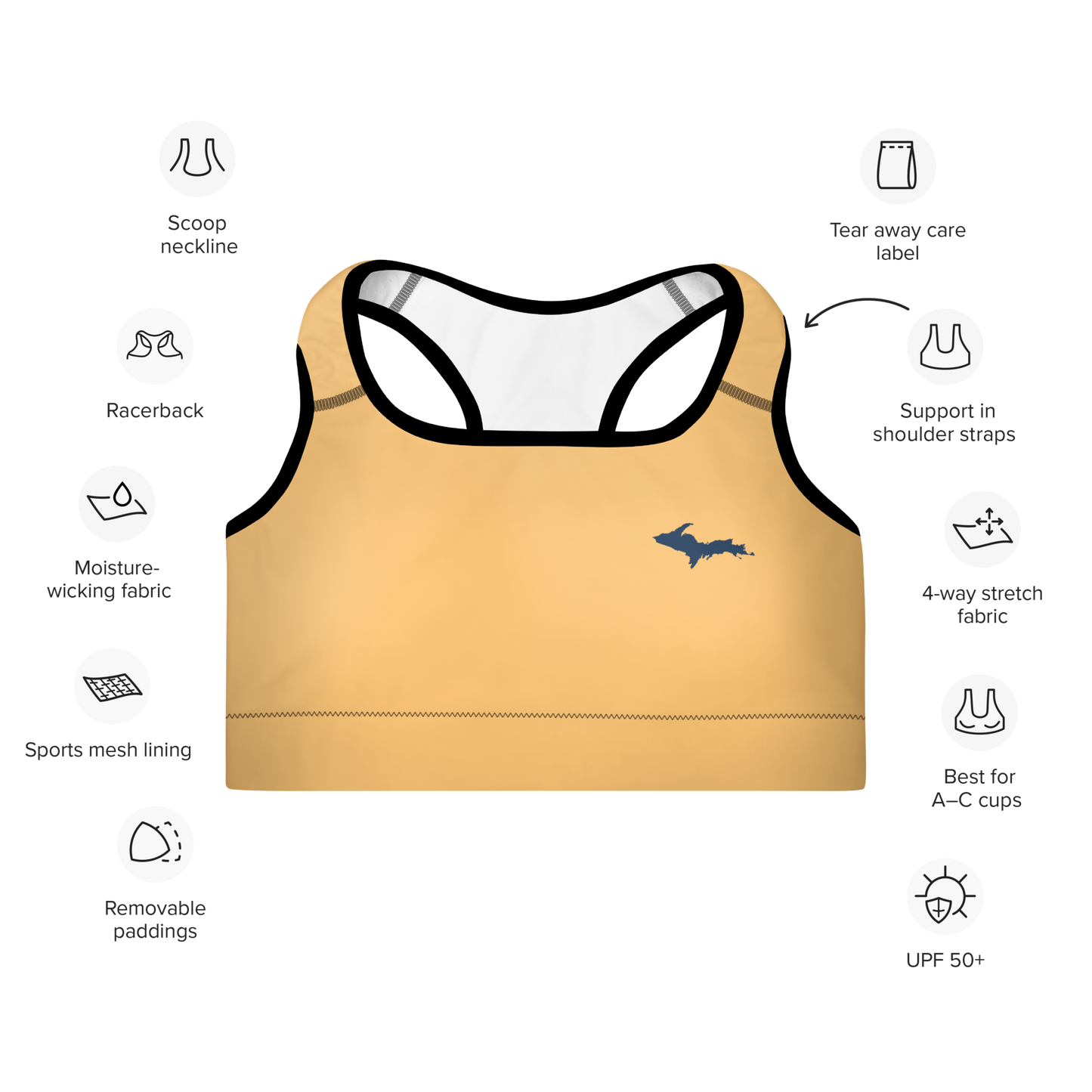 Michigan Upper Peninsula Padded Sports Bra (w/ UP Outline) | Apricot