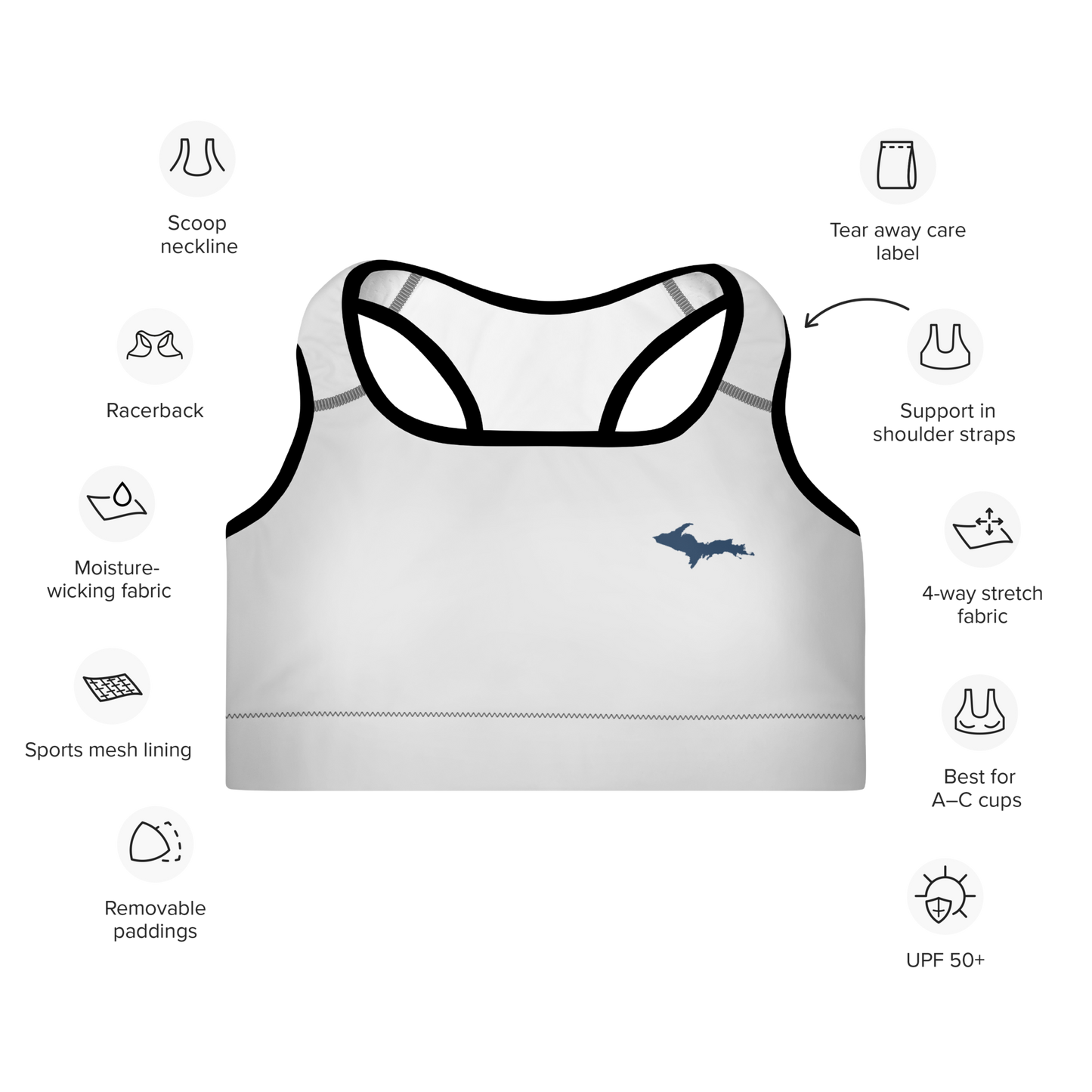 Michigan Upper Peninsula Padded Sports Bra (w/ UP Outline) | Birch Bark White