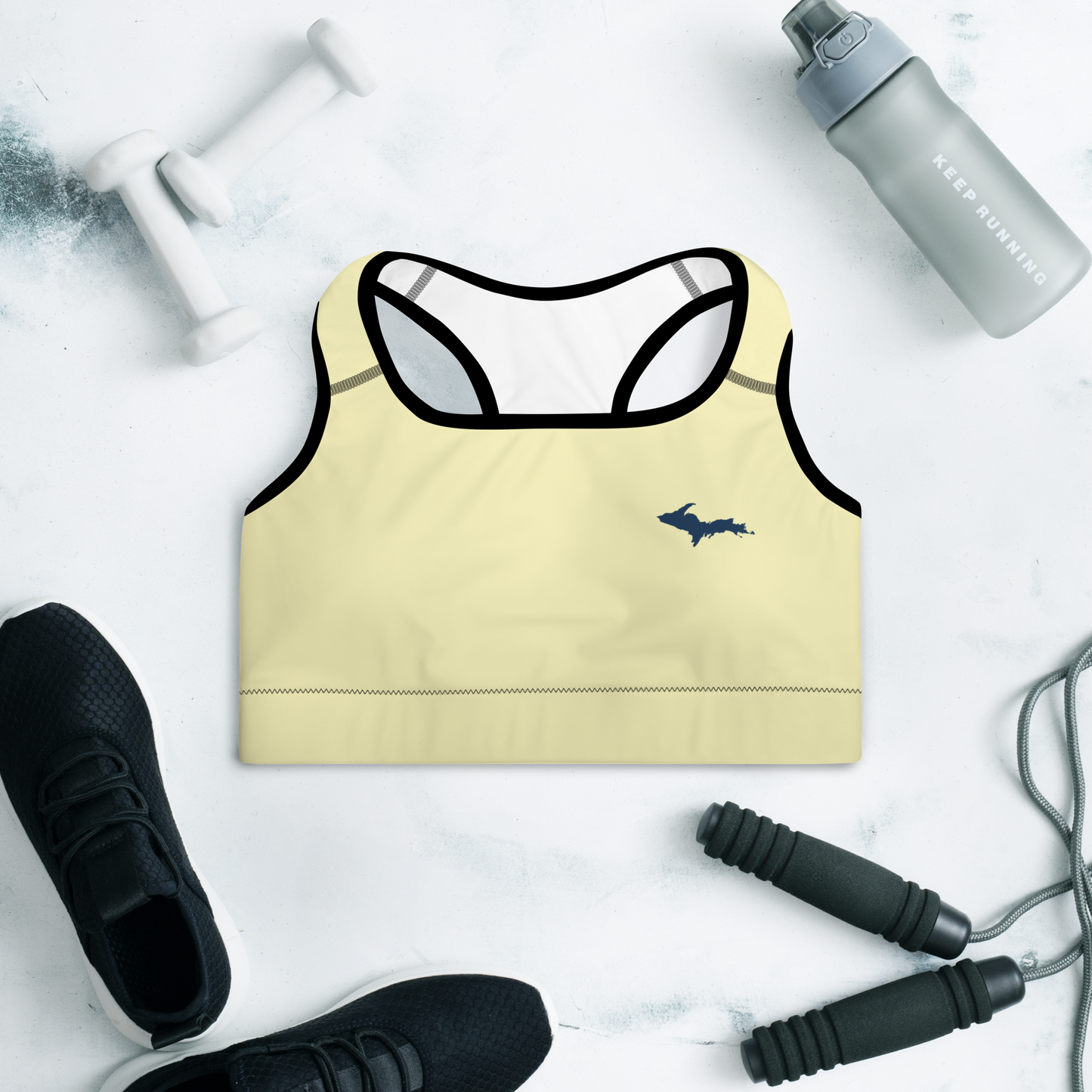 Michigan Upper Peninsula Padded Sports Bra (w/ UP Outline) | Canary Yellow