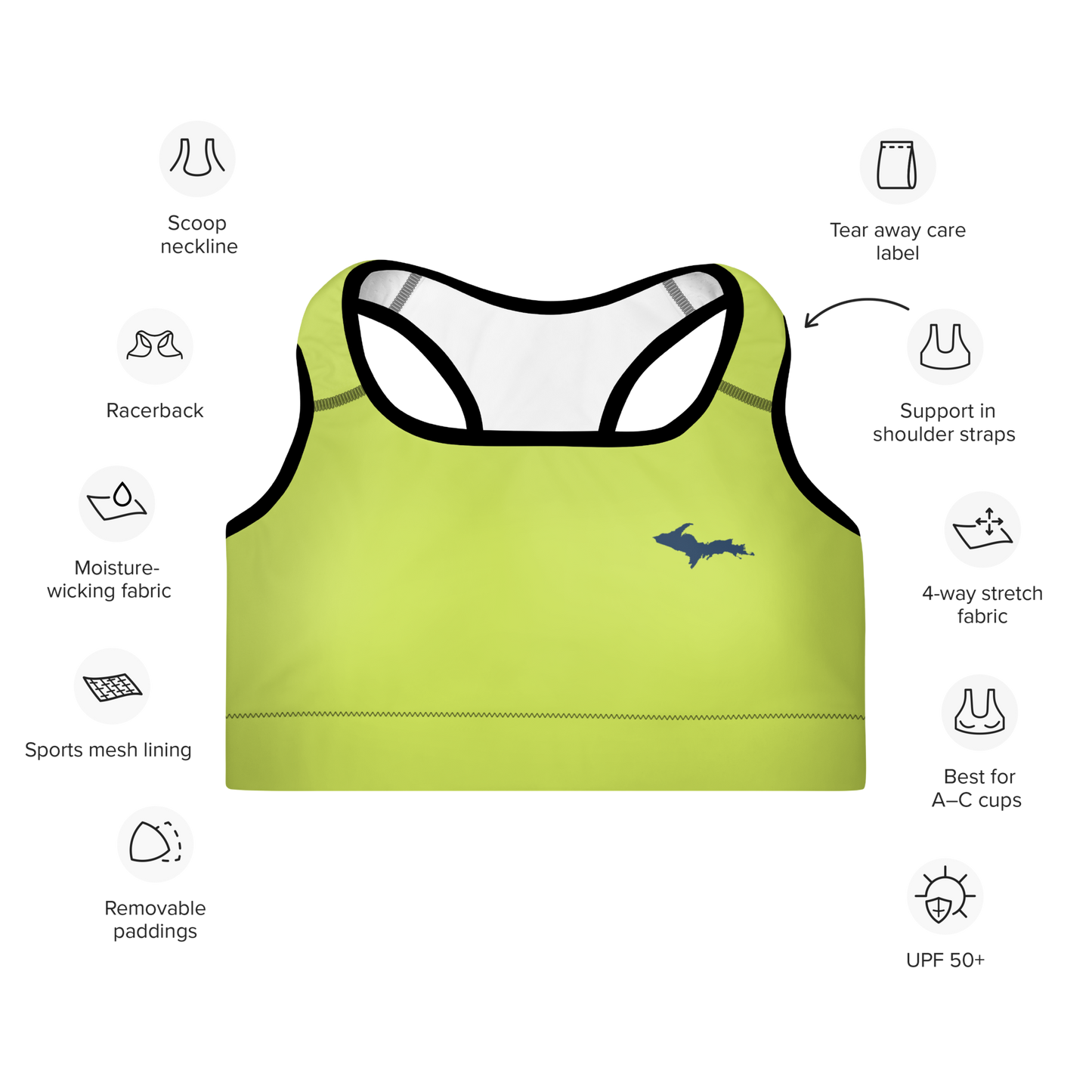 Michigan Upper Peninsula Padded Sports Bra (w/ UP Outline) | Gooseberry Green