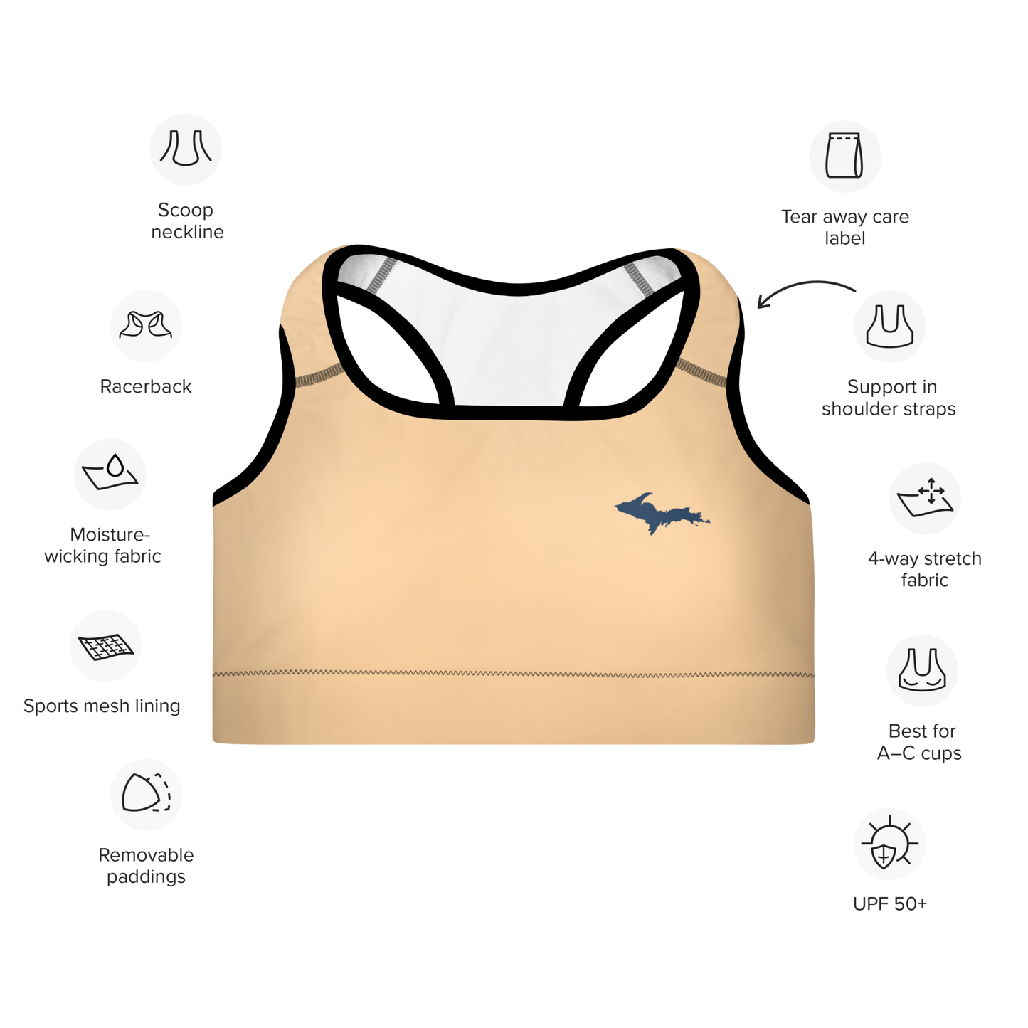 Michigan Upper Peninsula Padded Sports Bra (w/ UP Outline) | Pale Apricot