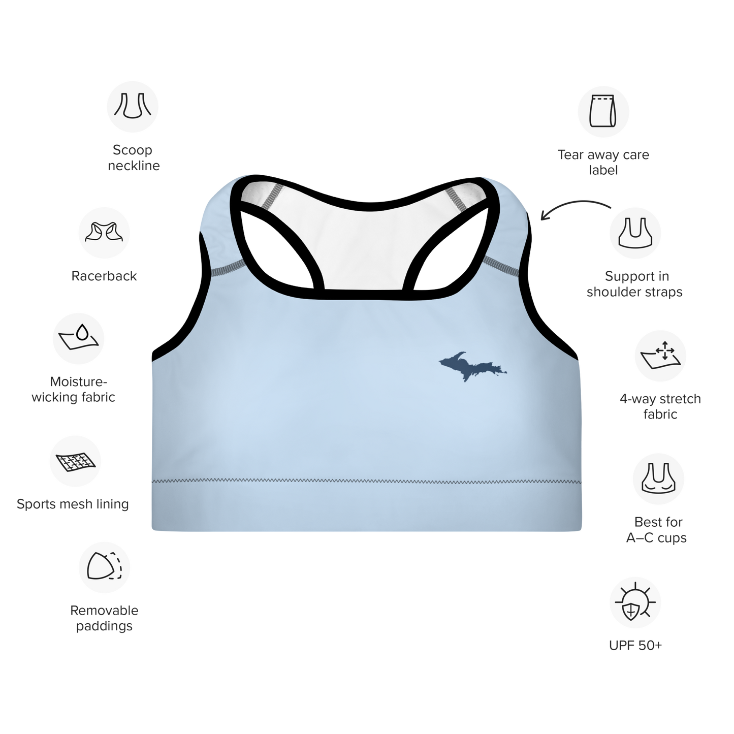 Michigan Upper Peninsula Padded Sports Bra (w/ UP Outline) | Light Blue