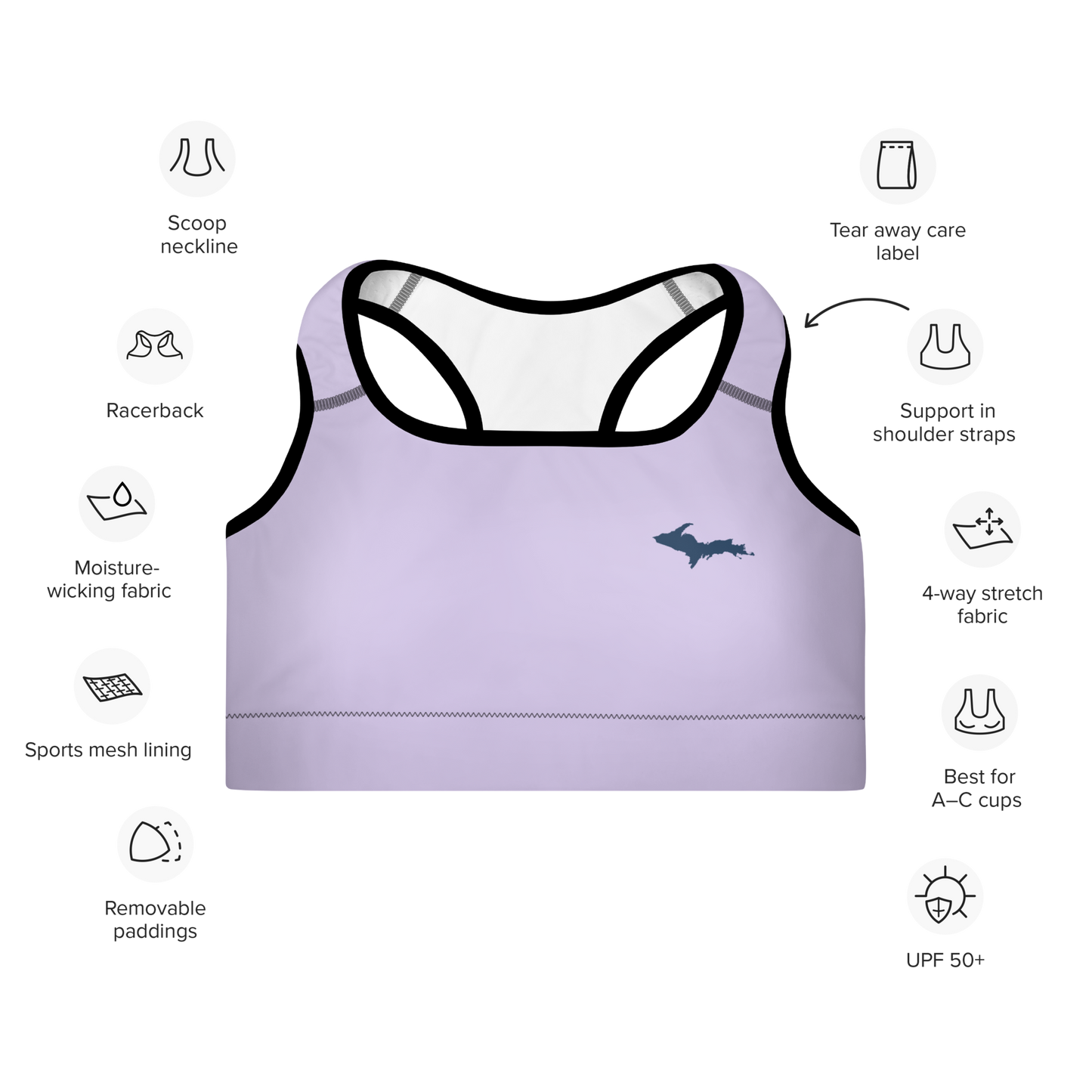 Michigan Upper Peninsula Padded Sports Bra (w/ UP Outline) | Lavender