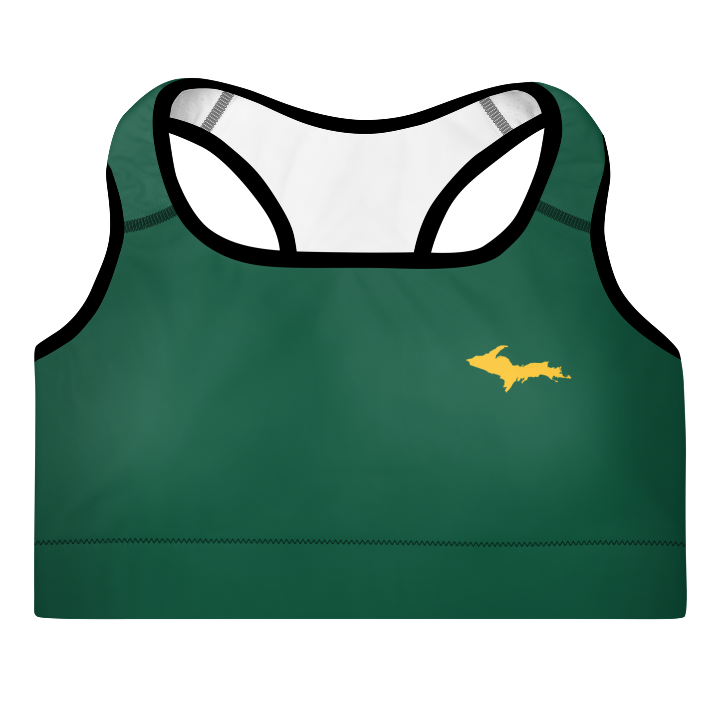 Michigan Upper Peninsula Padded Sports Bra (w/ Gold UP Outline) | Superior Green