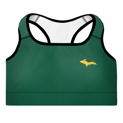 Michigan Upper Peninsula Padded Sports Bra (w/ Gold UP Outline) | Superior Green