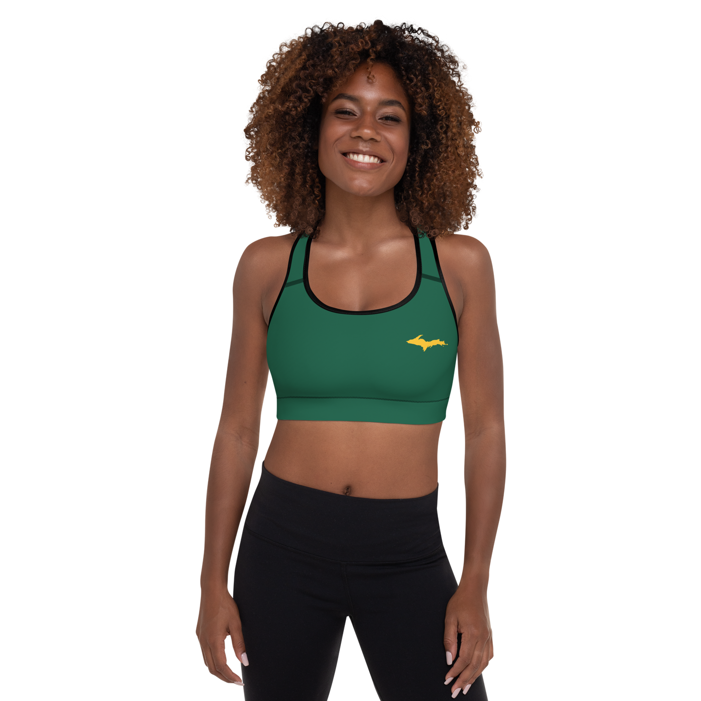 Michigan Upper Peninsula Padded Sports Bra (w/ Gold UP Outline) | Superior Green