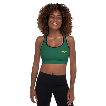 Michigan Upper Peninsula Padded Sports Bra (w/ Gold UP Outline) | Superior Green