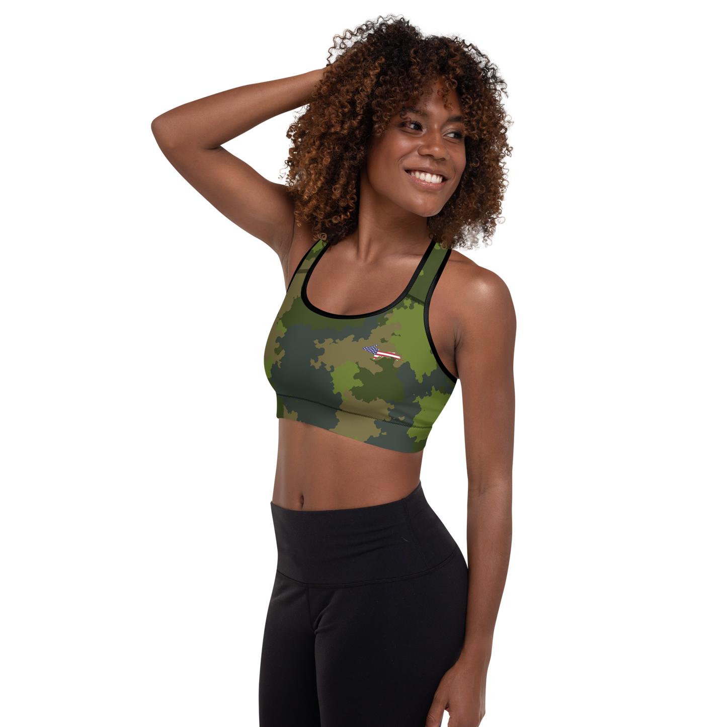 Michigan Upper Peninsula Padded Sports Bra (w/ UP USA Flag Outline) | Woodland Camo