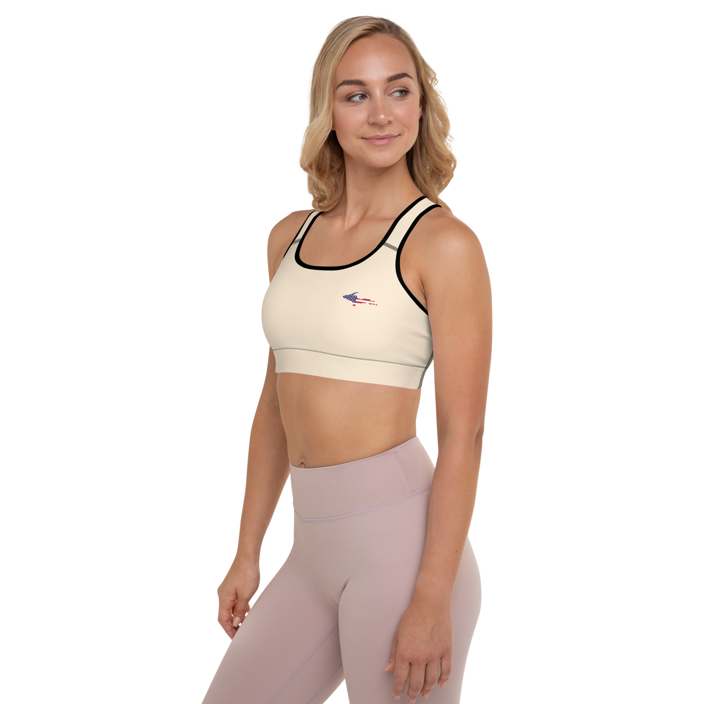 Michigan Upper Peninsula Padded Sports Bra (w/ UP USA Flag Outline) | Champagne White