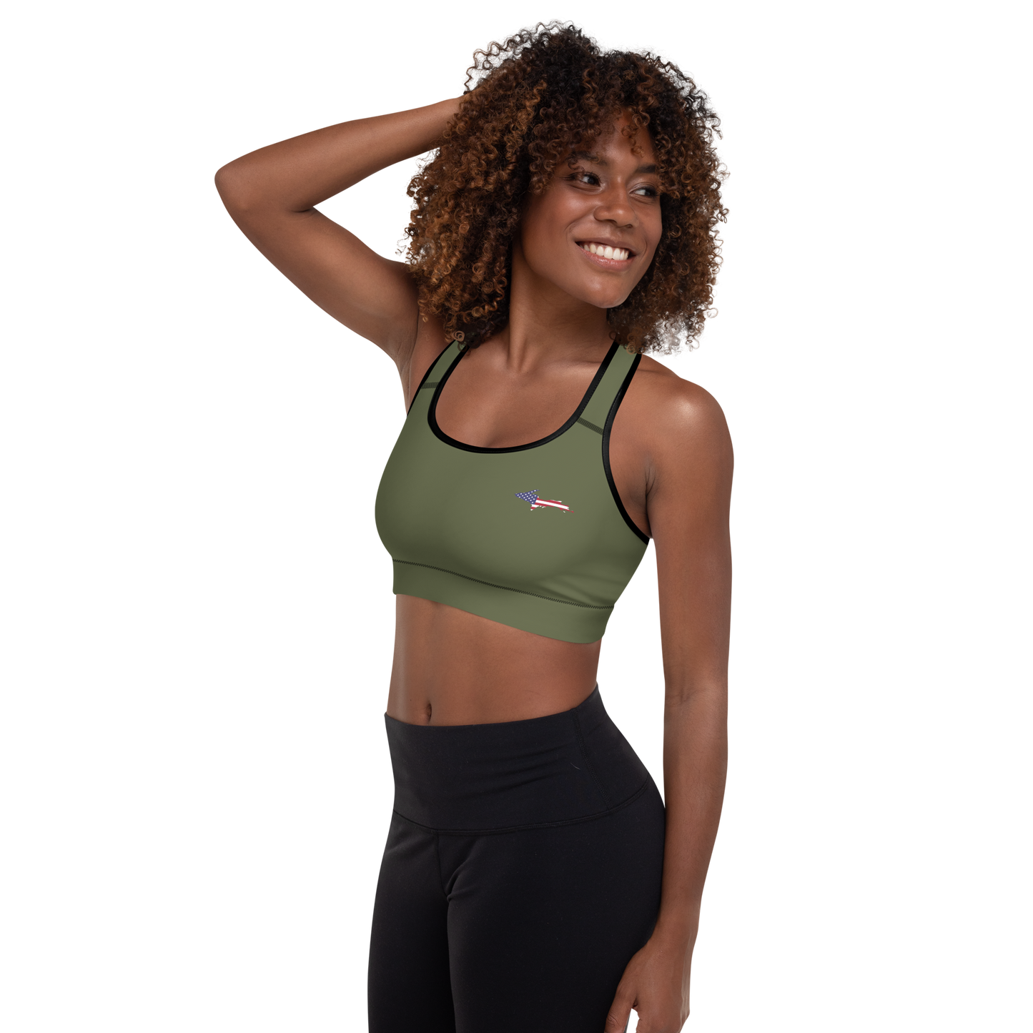 Michigan Upper Peninsula Padded Sports Bra (w/ UP USA Flag Outline) | Army Green