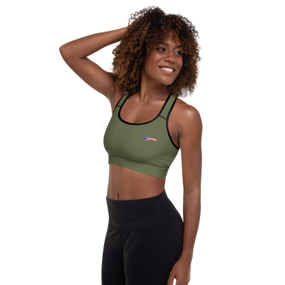 Michigan Upper Peninsula Padded Sports Bra (w/ UP USA Flag Outline) | Army Green