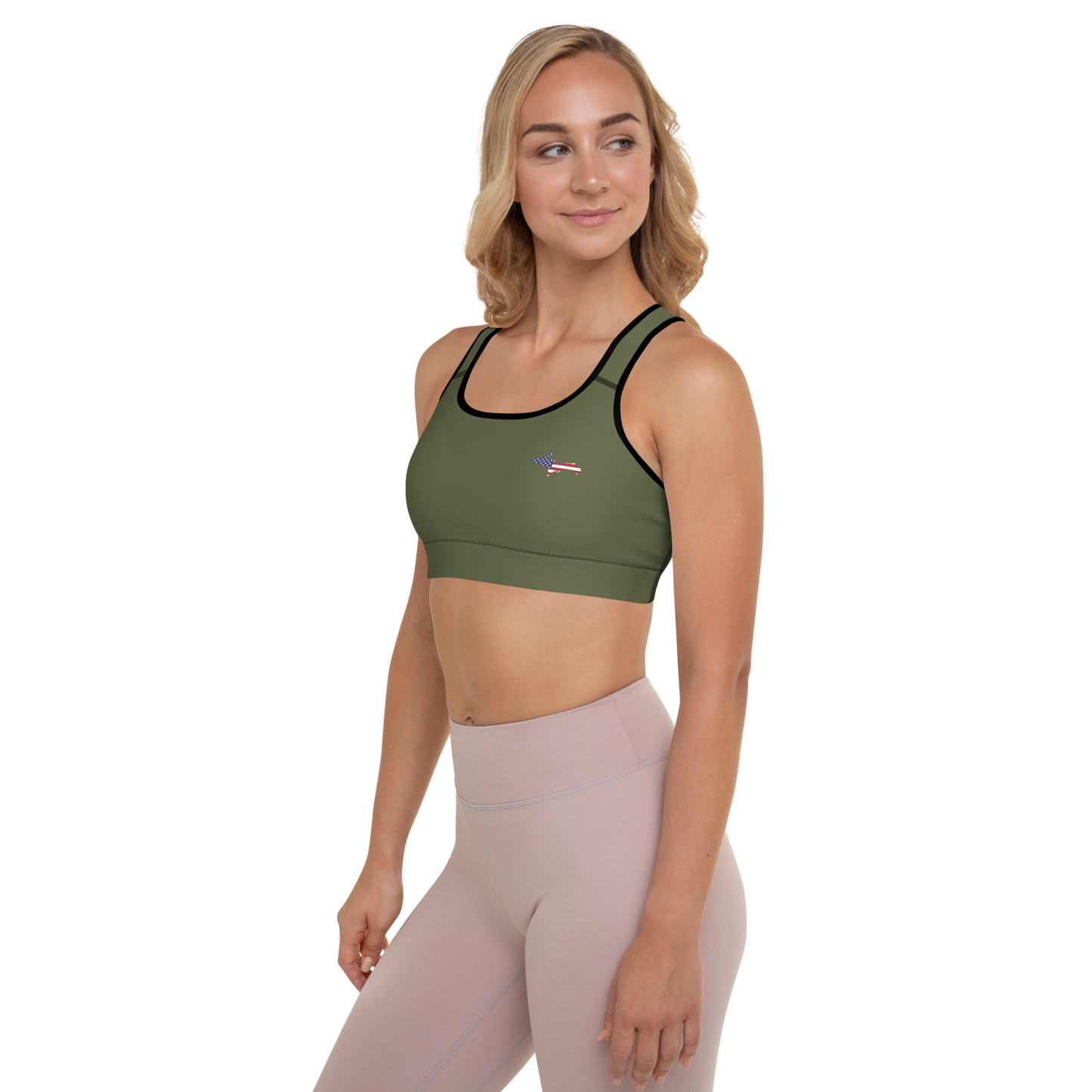 Michigan Upper Peninsula Padded Sports Bra (w/ UP USA Flag Outline) | Army Green