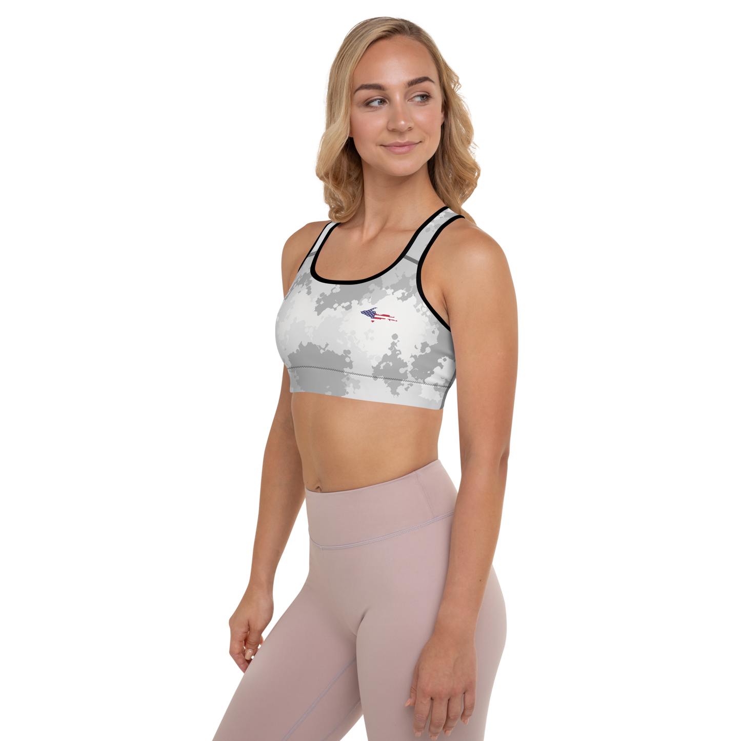 Michigan Upper Peninsula Padded Sports Bra (w/ UP USA Flag Outline) | Snow Camo