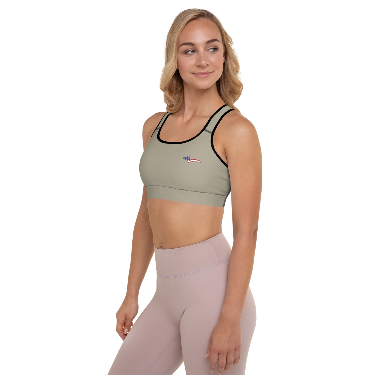 Michigan Upper Peninsula Padded Sports Bra (w/ UP USA Flag Outline) | Petoskey Stone Beige