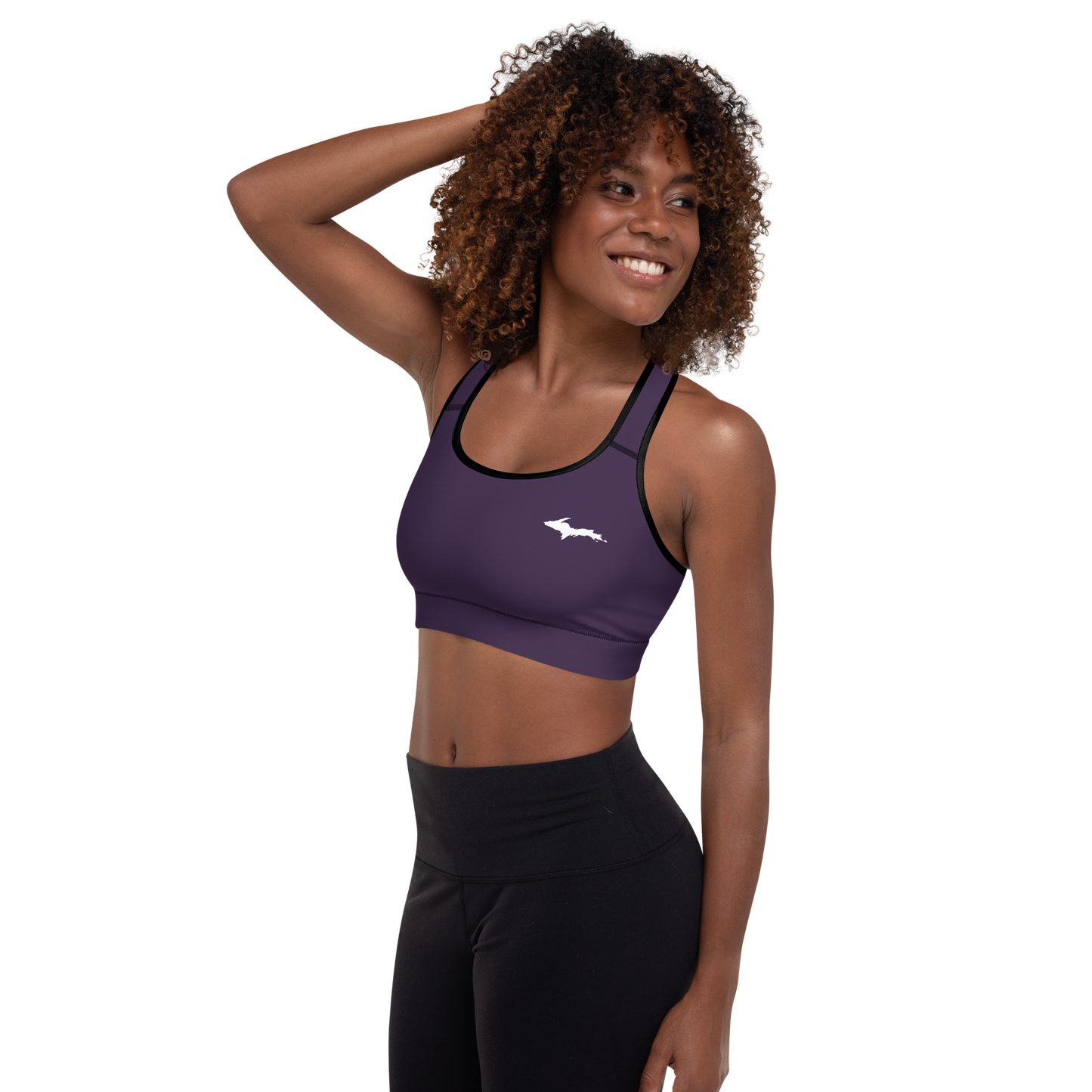 Michigan Upper Peninsula Padded Sports Bra (w/ UP Outline) | Blackcurrant Color