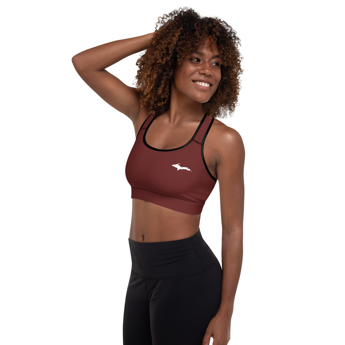 Michigan Upper Peninsula Padded Sports Bra (w/ UP Outline) | Cherrywood Color