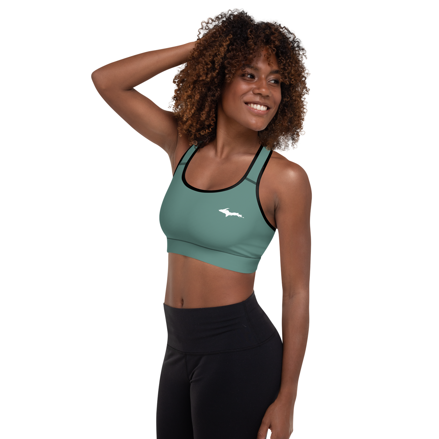 Michigan Upper Peninsula Padded Sports Bra (w/ UP Outline) | Copper Green