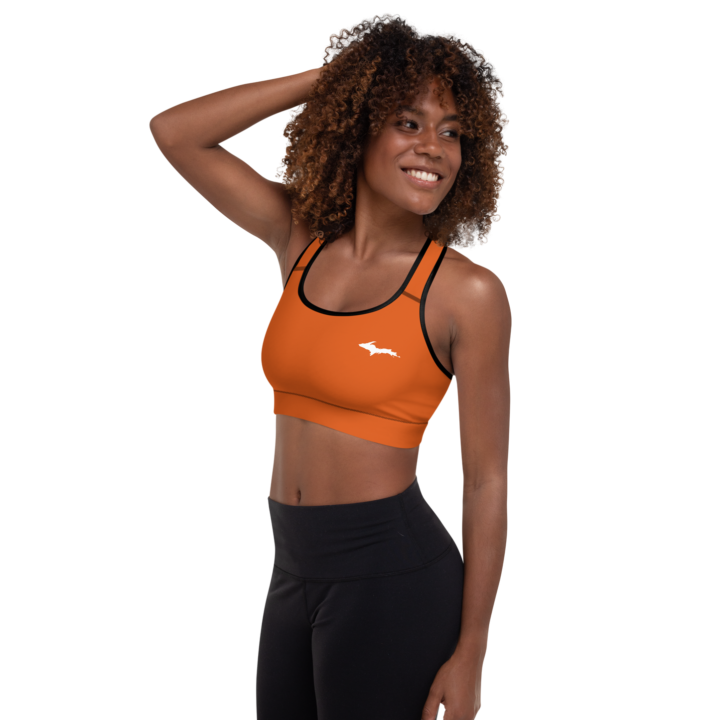 Michigan Upper Peninsula Padded Sports Bra (w/ UP Outline) | Maple Leaf Orange