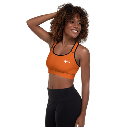 Michigan Upper Peninsula Padded Sports Bra (w/ UP Outline) | Maple Leaf Orange