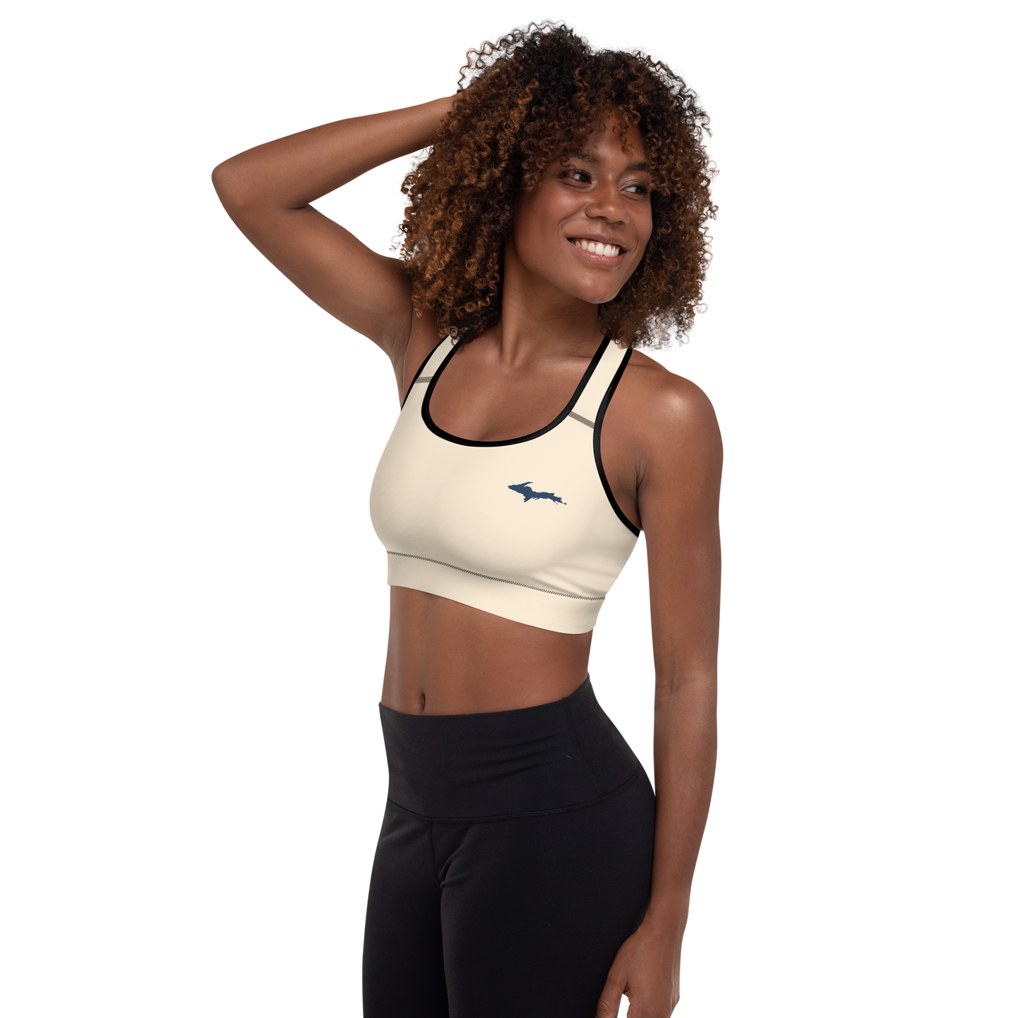 Michigan Upper Peninsula Padded Sports Bra (w/ UP Outline) | Champagne White