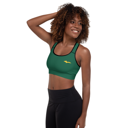 Michigan Upper Peninsula Padded Sports Bra (w/ Gold UP Outline) | Superior Green