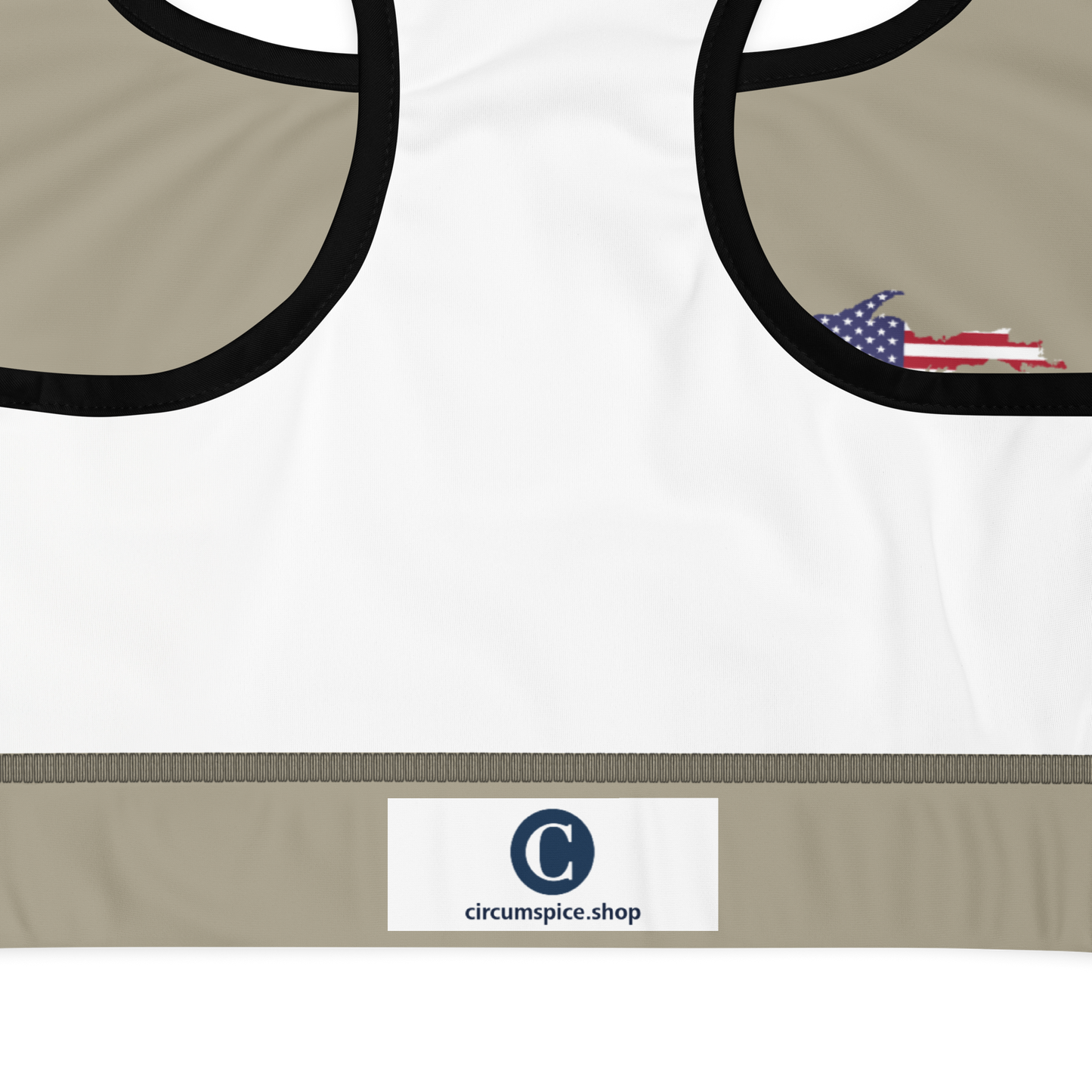 Michigan Upper Peninsula Padded Sports Bra (w/ UP USA Flag Outline) | Petoskey Stone Beige