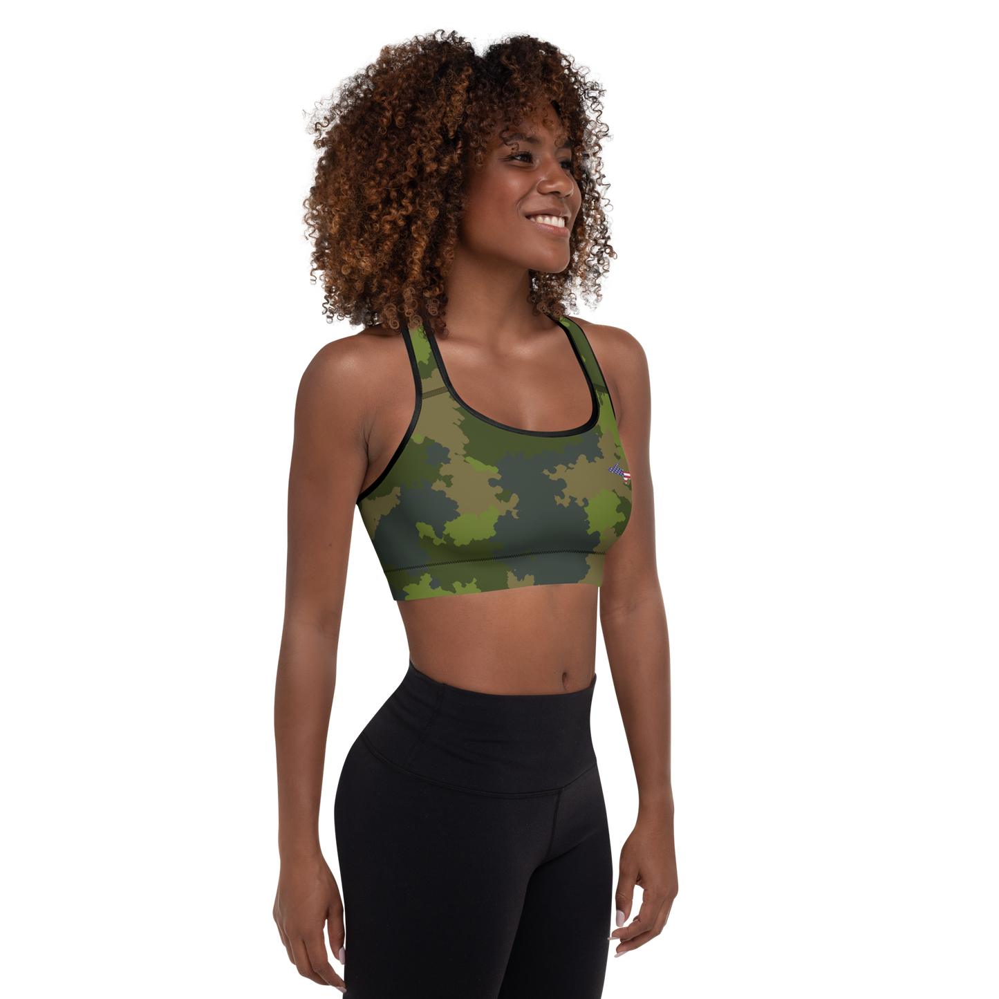 Michigan Upper Peninsula Padded Sports Bra (w/ UP USA Flag Outline) | Woodland Camo