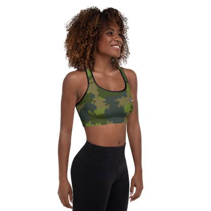 Michigan Upper Peninsula Padded Sports Bra (w/ UP USA Flag Outline) | Woodland Camo