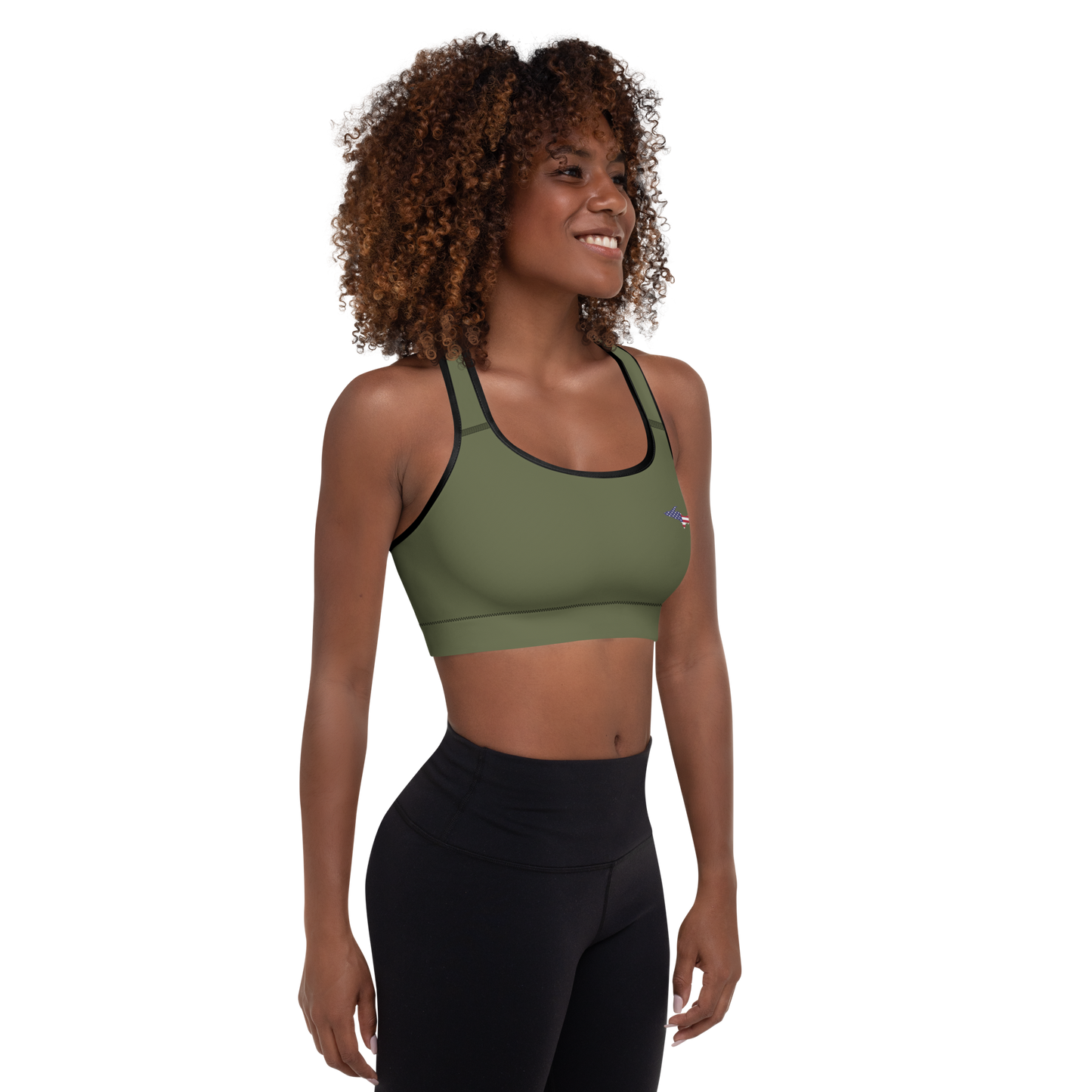 Michigan Upper Peninsula Padded Sports Bra (w/ UP USA Flag Outline) | Army Green