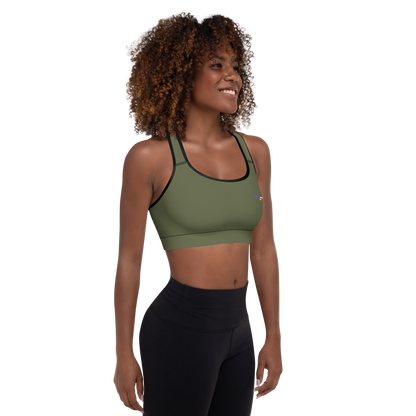 Michigan Upper Peninsula Padded Sports Bra (w/ UP USA Flag Outline) | Army Green