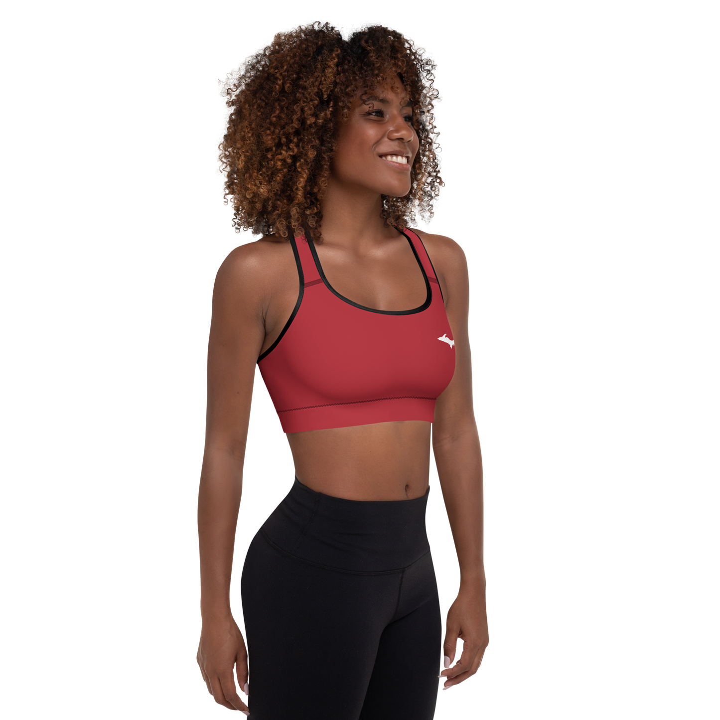 Michigan Upper Peninsula Padded Sports Bra (w/ UP USA Flag Outline) | Thimbleberry Red