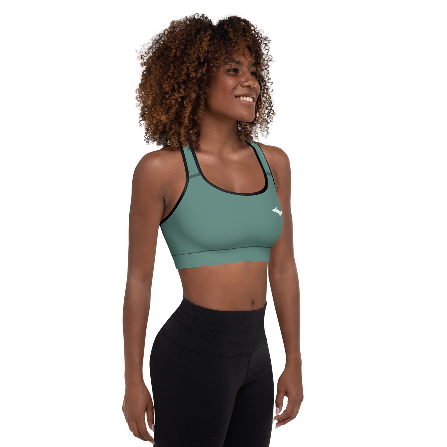 Michigan Upper Peninsula Padded Sports Bra (w/ UP Outline) | Copper Green