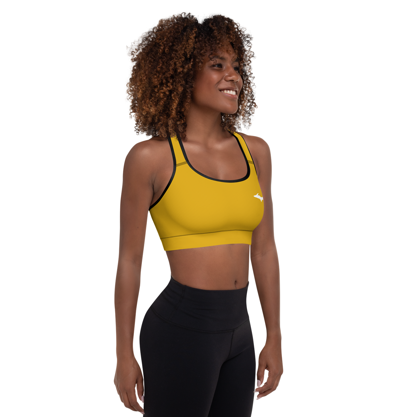 Michigan Upper Peninsula Padded Sports Bra (w/ UP Outline) | Gold