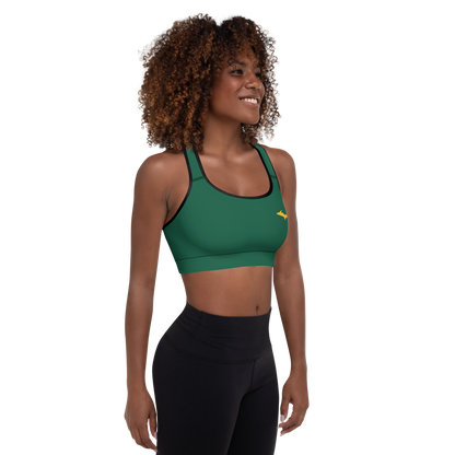 Michigan Upper Peninsula Padded Sports Bra (w/ Gold UP Outline) | Superior Green