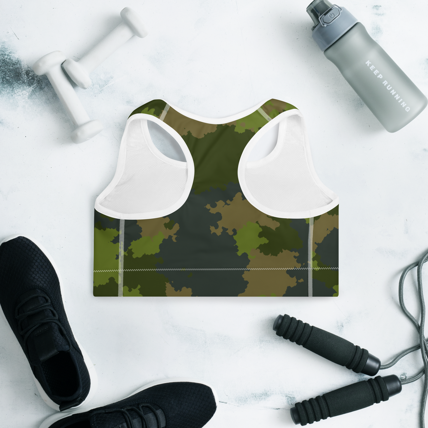 Michigan Upper Peninsula Padded Sports Bra (w/ UP USA Flag Outline) | Woodland Camo