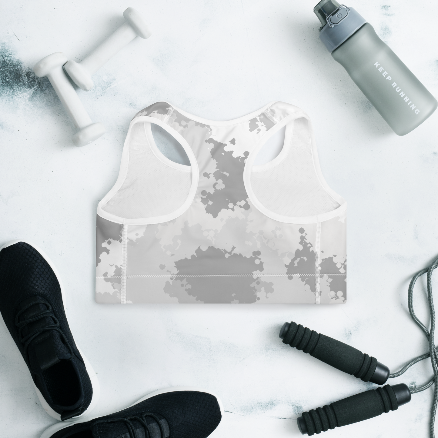 Michigan Upper Peninsula Padded Sports Bra (w/ UP USA Flag Outline) | Snow Camo