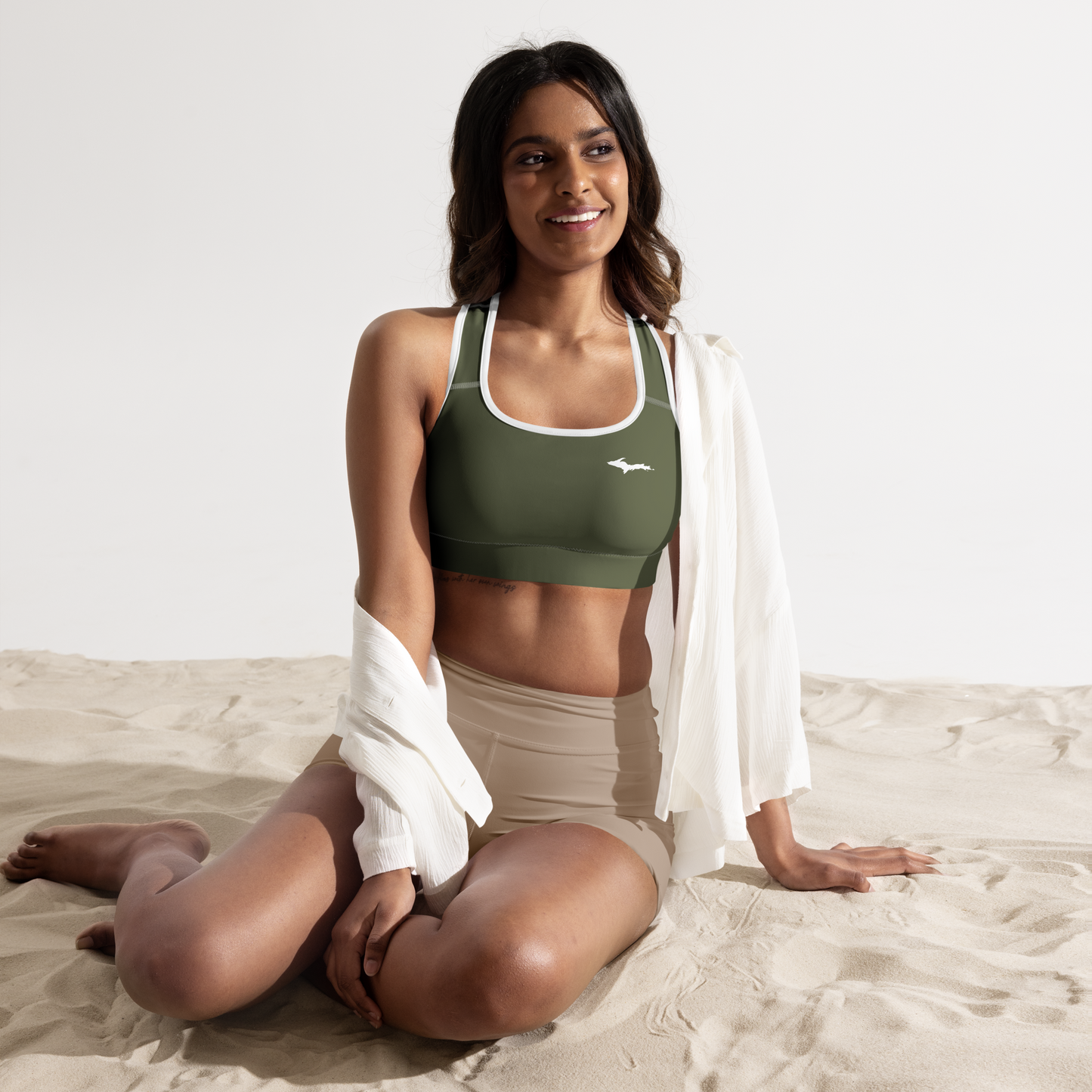 Michigan Upper Peninsula Padded Sports Bra (w/ UP Outline) | Army Green