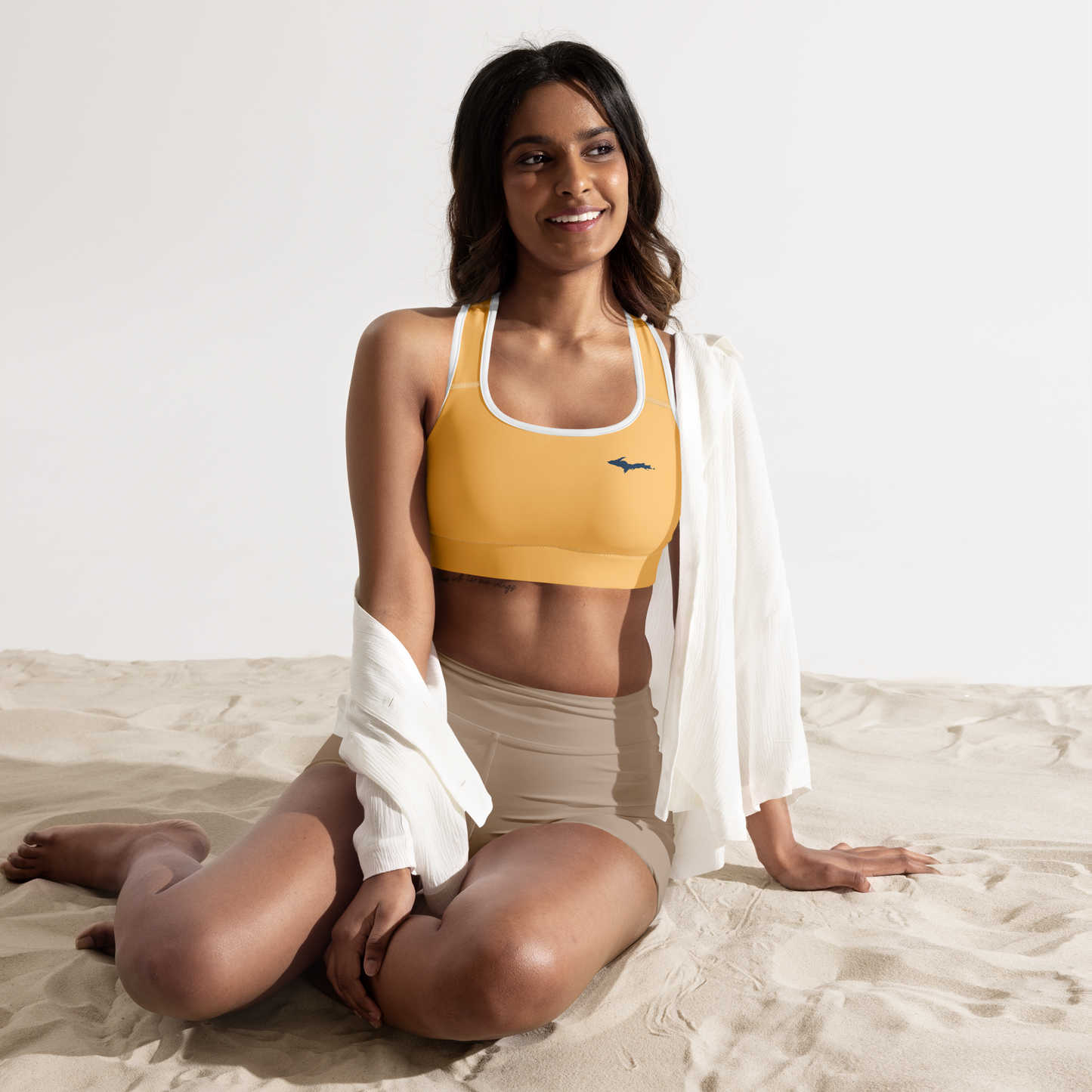 Michigan Upper Peninsula Padded Sports Bra (w/ UP Outline) | Apricot