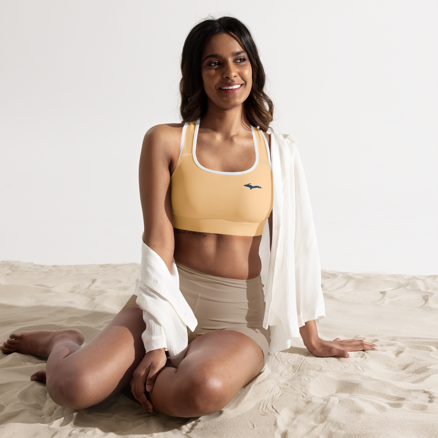 Michigan Upper Peninsula Padded Sports Bra (w/ UP Outline) | Pale Apricot