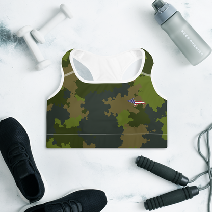 Michigan Upper Peninsula Padded Sports Bra (w/ UP USA Flag Outline) | Woodland Camo