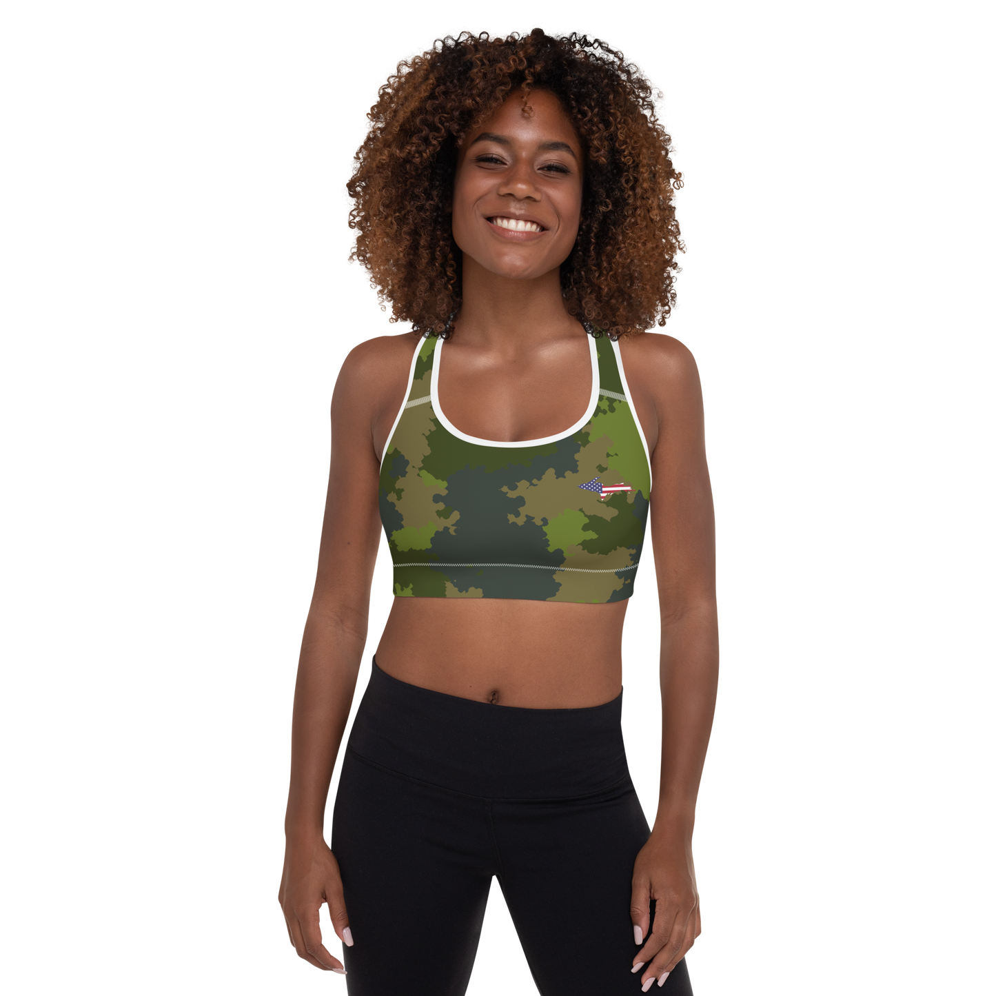 Michigan Upper Peninsula Padded Sports Bra (w/ UP USA Flag Outline) | Woodland Camo