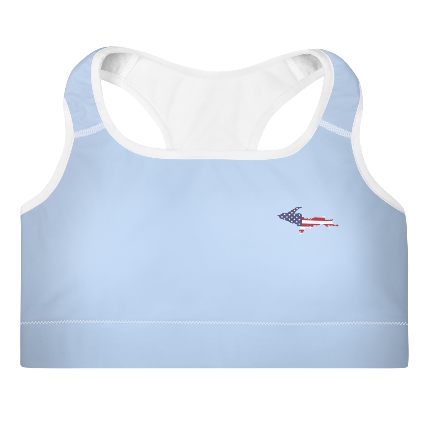 Michigan Upper Peninsula Padded Sports Bra (w/ UP USA Flag Outline) | Light Blue