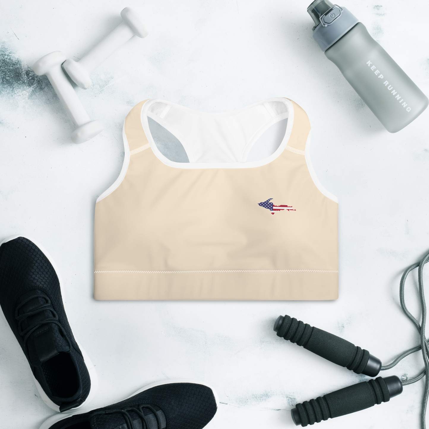 Michigan Upper Peninsula Padded Sports Bra (w/ UP USA Flag Outline) | Champagne White