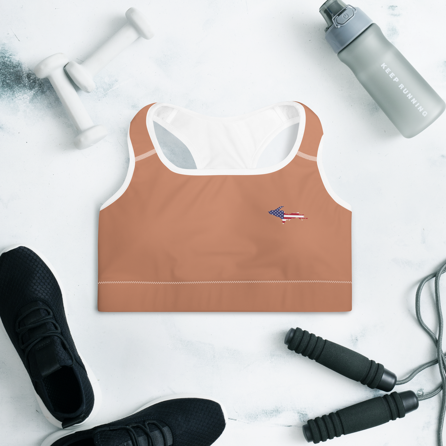 Michigan Upper Peninsula Padded Sports Bra (w/ UP USA Flag Outline) | Copper Color