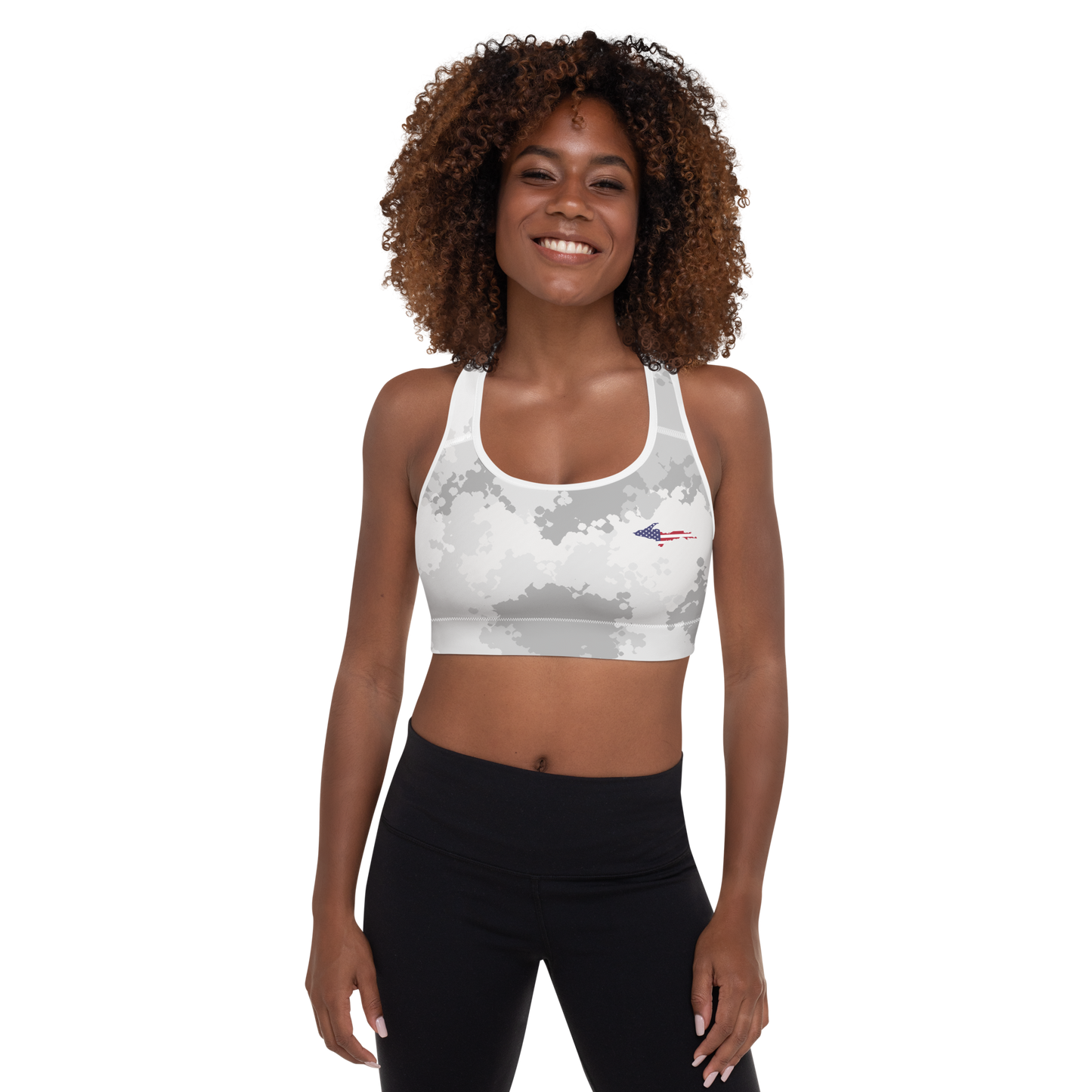 Michigan Upper Peninsula Padded Sports Bra (w/ UP USA Flag Outline) | Snow Camo