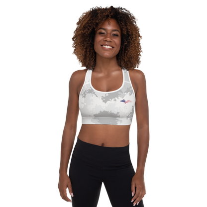 Michigan Upper Peninsula Padded Sports Bra (w/ UP USA Flag Outline) | Snow Camo